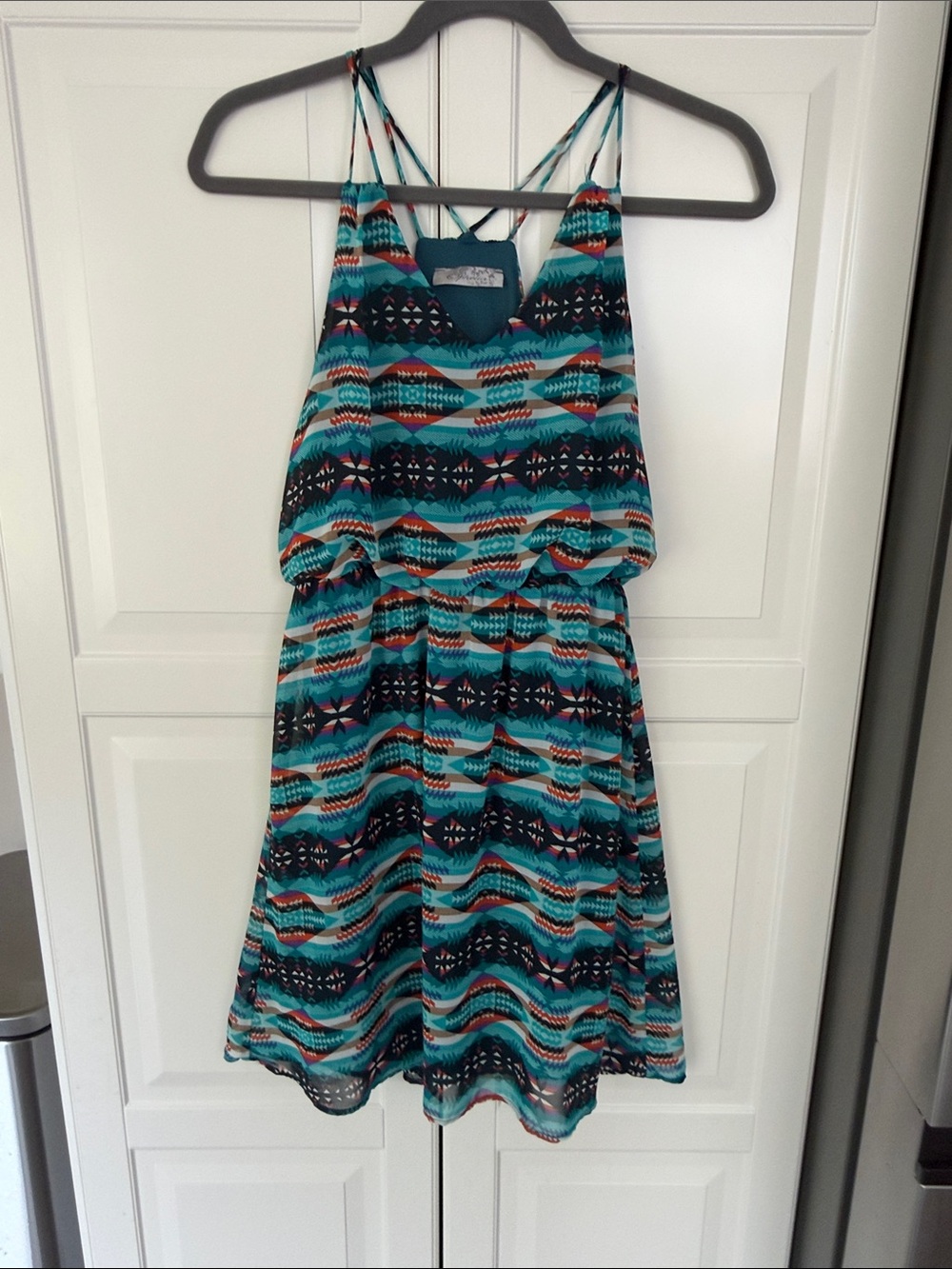 Ophelia & Co. Teal Black Orange Patterned Strappy Mini Dress